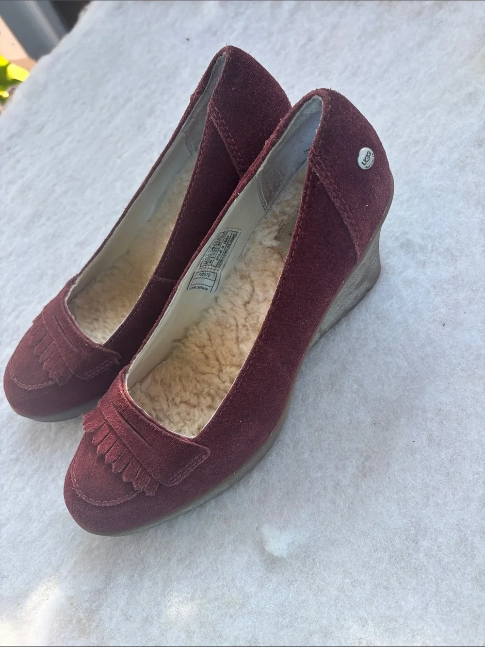 UGG Women's Burgundy Suede Wedge Loafers with Shearling